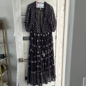 Free People Navy and Gold Polka Dot Long Sleeve Dress